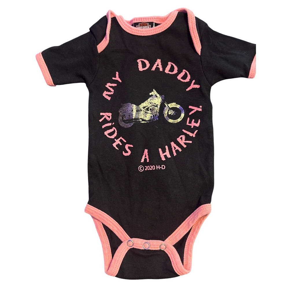 Harley-Davidson‎ Baby Black Pink My Daddy Rides a Harley Bodysuit 3-6M
